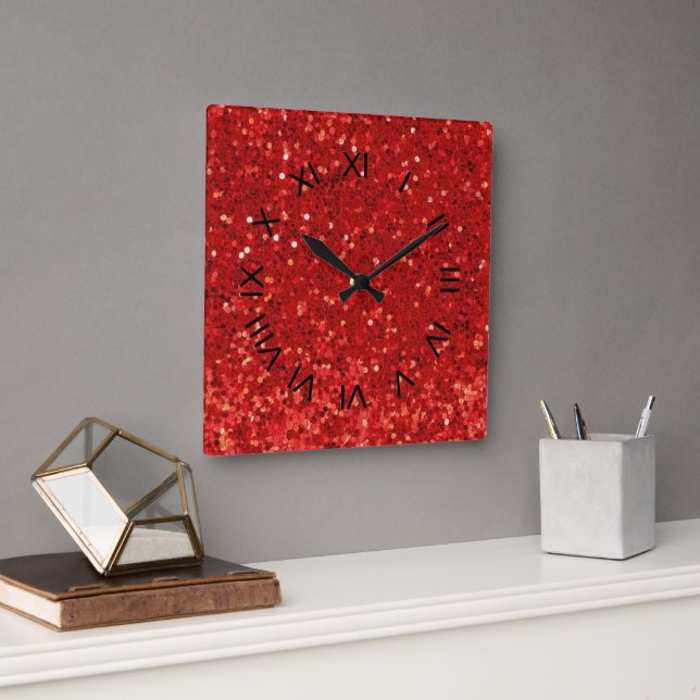 Horloge Carrée Motif pailleté rouge scintillant (Bureau)