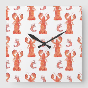 Horloge Carrée Motif peint à l'aquarelle de crustacé homard  
