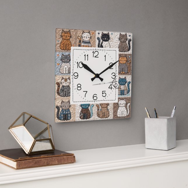 Horloge Carrée Motif Quilt Patchwork Chats (Bureau)