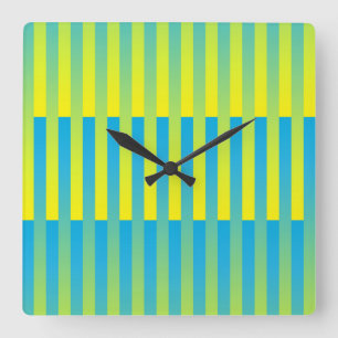 Horloge Carrée Motif rayé bleu jaune vert