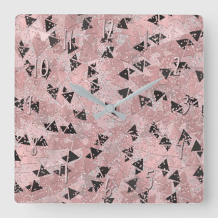 Horloge Carrée Motif Rose rose or et triangles noir
