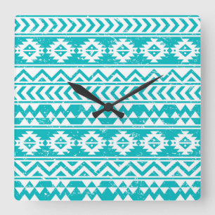 Horloge Carrée Motif tribal aztèque grunge turquoise
