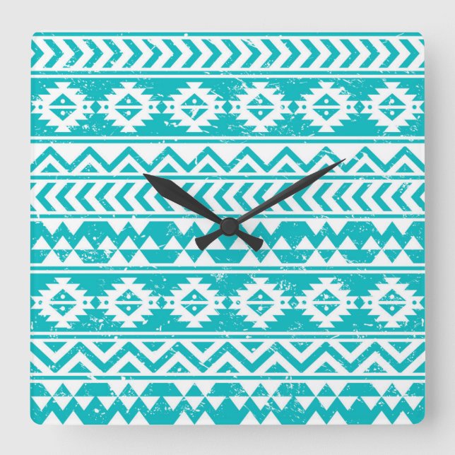 Horloge Carrée Motif tribal turquoise Grunge Aztec (Recto)