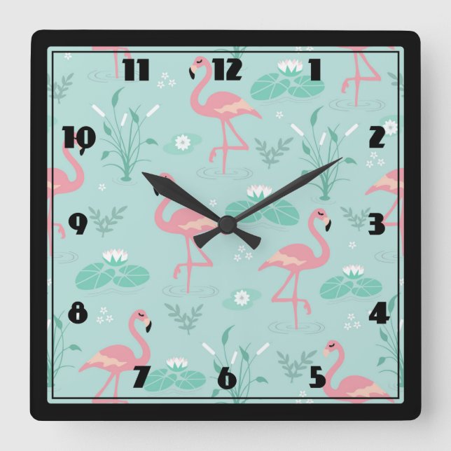 Horloge Carrée Motif vert Flamants roses rose Pastel (Recto)