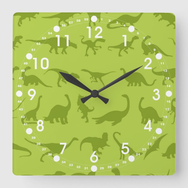 Horloge Carrée Motifs de dinosaures verts mignons pour garçons (Recto)