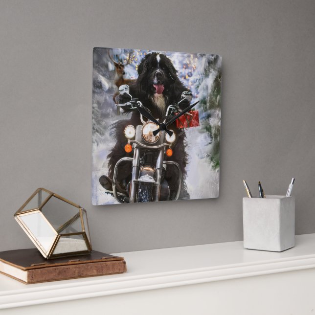 Horloge Carrée Moto à chiens de Terre-Neuve Noël (Bureau)