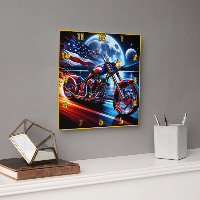 Horloge Carrée Moto à vélo sous le drapeau de la nuit (Bureau)