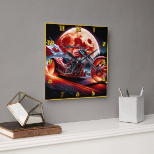 Horloge Carrée Moto avec drapeau canadien par lune