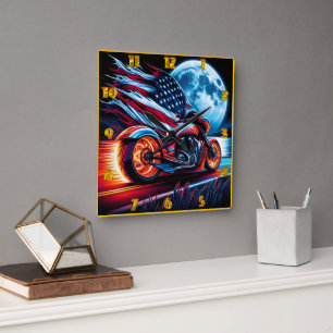 Horloge Carrée Moto en pleine lune, drapeau américain