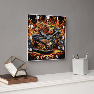 Horloge Carrée Motocyclette flamboyante et sidecar