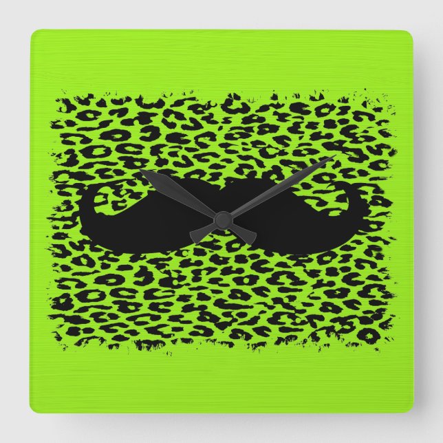 Horloge Carrée Moustache drôle sur arrière - plan vert citron (Recto)