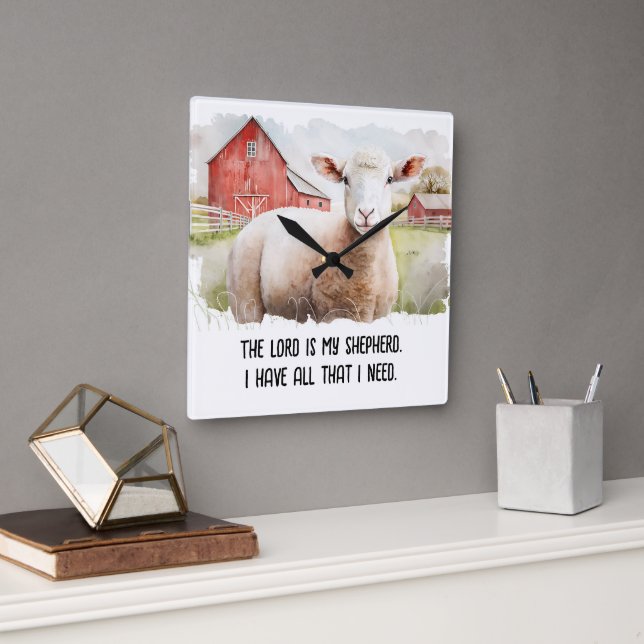 Horloge Carrée Mouton Aquarelle Avec Citation Religieuse (Bureau)