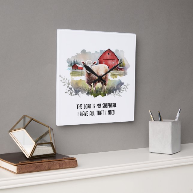 Horloge Carrée Mouton Aquarelle Avec Citation Religieuse (Bureau)
