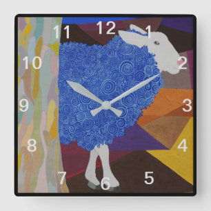 Horloge Carrée Moutons de laine bleue - Nombre gris