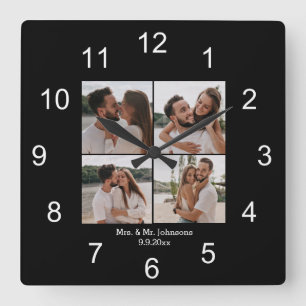 Horloge Carrée mrs & mr black white 4 photos collage mariage