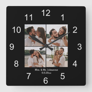 Horloge Carrée mrs & mr noir blanc 4 photos collage mariage