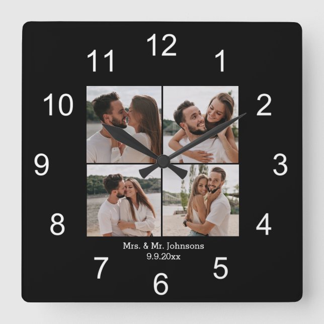Horloge Carrée mrs & mr noir blanc 4 photos collage mariage (Recto)