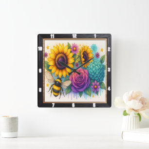 Horloge Carrée Mur du jardin d'abeilles de tournesol