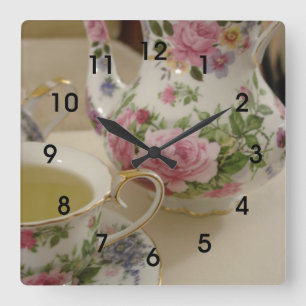 Horloge Carrée Mur floral anglais Clcok de tasse de thé de