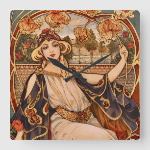 Horloge Carrée Muse du Chrysanthème Doré – Art Nouveau Floral