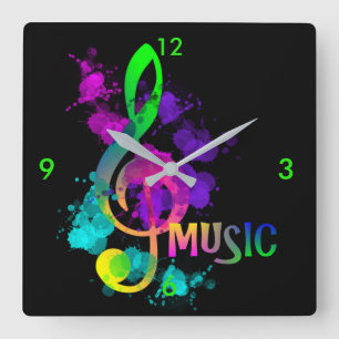 Horloge Carrée Musique Arbre Clé Arc-en-ciel Couleurs Peinture S