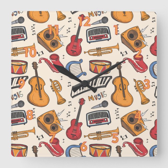 Horloge Carrée Musique cool Thématique Piano Drums Guitare Violon (Recto)