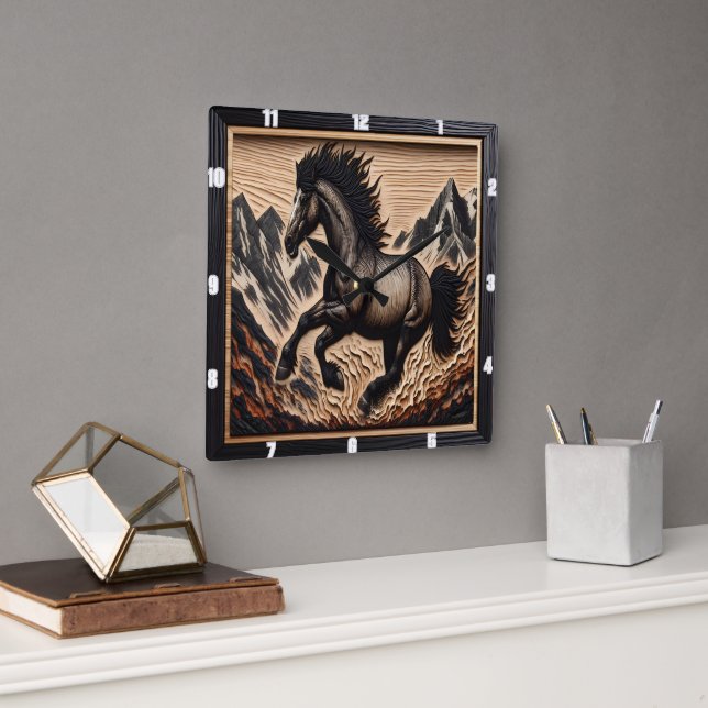 Horloge Carrée Mustang Bronc Kicking dans un bassin des Highlands (Bureau)