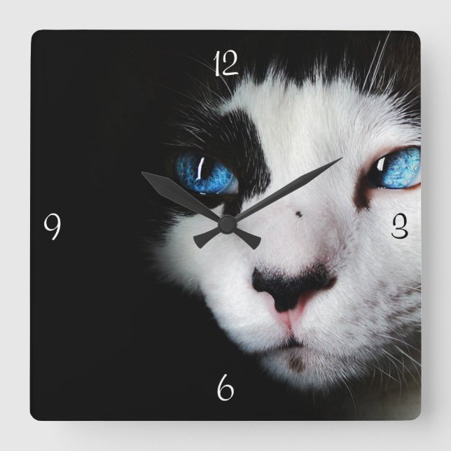 Horloge Carrée Mystérieux Blue Eyed Tuxedo Cat Clock (Recto)