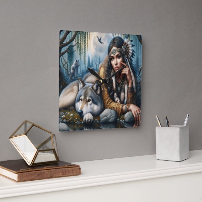 Horloge Carrée Mystique Une Américaine Autochtone Avec Des Loups (Bureau)