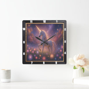 Horloge Carrée Mystique Unicorne Starry Flower