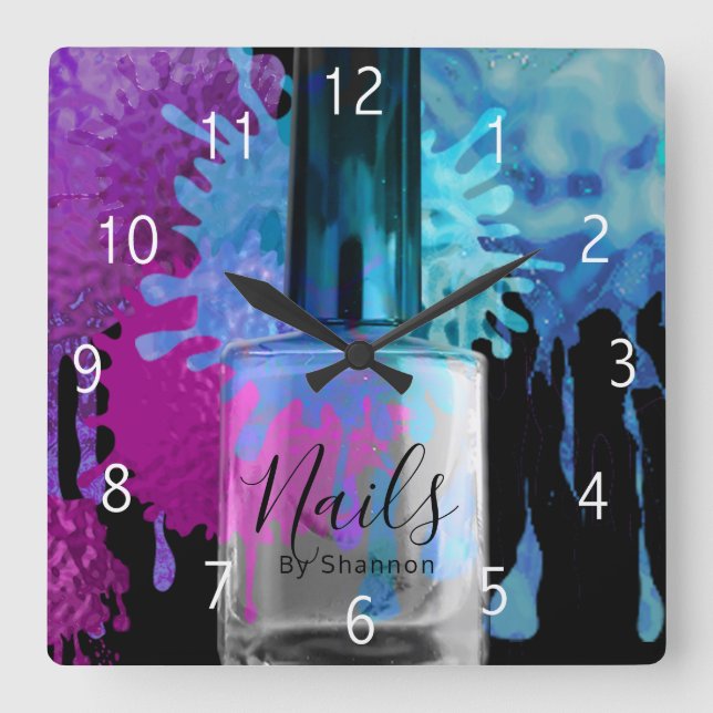 Horloge Carrée Nail Technician Colourful Splatter Design (Recto)
