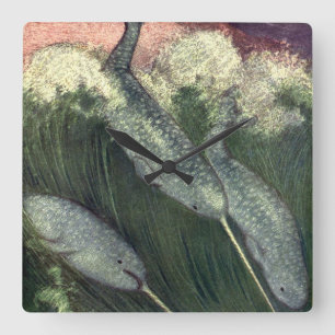 Horloge Carrée Narvals, Animaux marins vintage Baleines Océan Ani