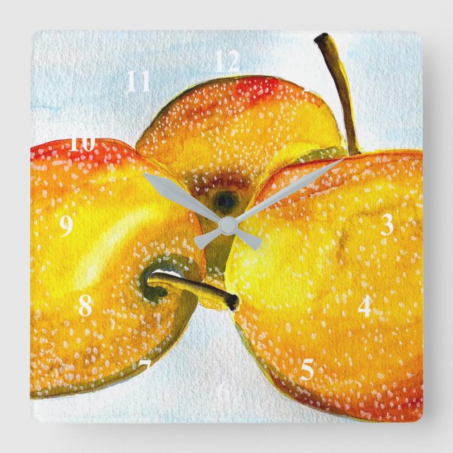 Horloge Carrée Nashi poires jaune aquarelle fruit (Recto)