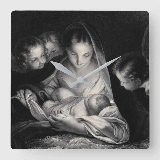 Horloge Carrée Nativity Baby Jésus Virgin Mary Angels Black White (Recto)