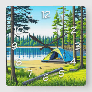 Horloge Carrée Nature Camping Tente à thème dans les bois