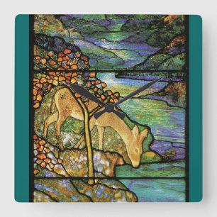 Horloge Carrée Nature de Tiffany en verre souillé de Nouveau