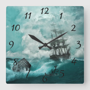 Horloge Carrée Naufrage de navire nautique vintage dans une tempê