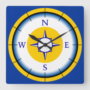 Horloge Carrée Nautical Compas Blue, White, Gold Wall Clock