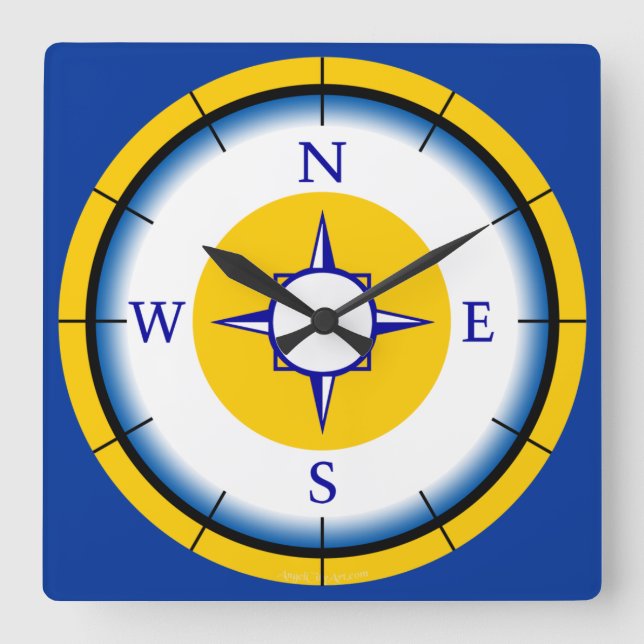 Horloge Carrée Nautical Compas Blue, White, Gold Wall Clock (Recto)