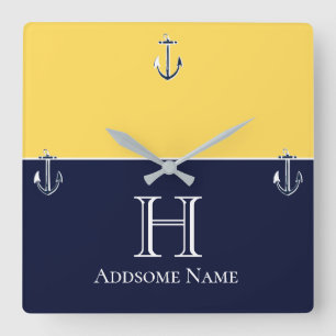 Horloge Carrée Nautical Navy Blue Mustard Yellow Anchor monogram