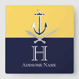 Horloge Carrée Nautical Navy Blue Mustard Yellow Anchor monogram
