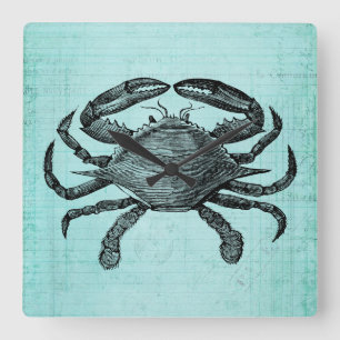 Horloge Carrée Nautical Ocean Crab Antique Art Teal Paper Design