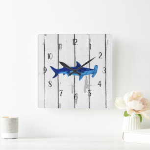 Horloge Carrée Nautique Blue Hammerhead Shark Shiplap Rustique