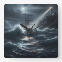 Navire dans une tempête guidé par un phare -