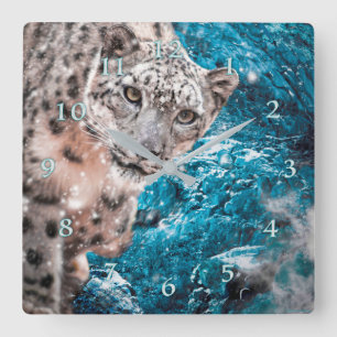 HORLOGE CARRÉE NEIGE LEOPARD NUAGE MARCHER