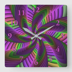 Horloge Carrée Neon Colours Flash Crazy Motif fractal coloré