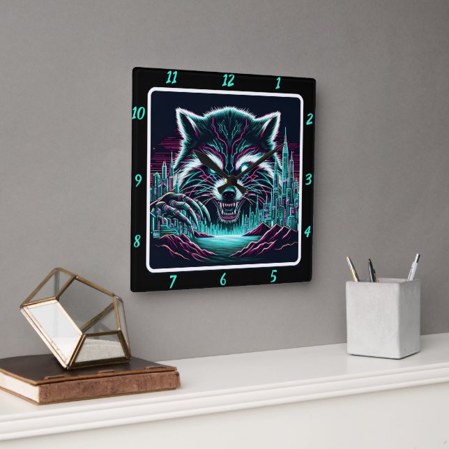 Horloge Carrée Neon Cyber Raccoon City (Bureau)