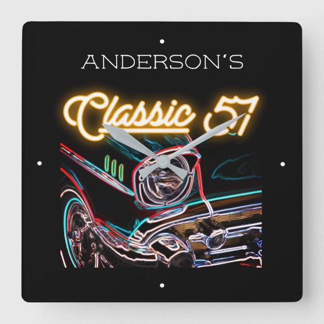 Horloge Carrée Neon Effect Chevy Classic 1957 Car Name Gold  (Recto)