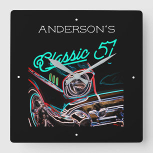 Horloge Carrée Neon Effect Chevy Classic 1957 Nom personnalisé d