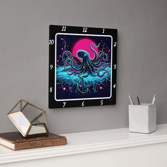Horloge Carrée Neon Kraken Octopus Abyss (Bureau)